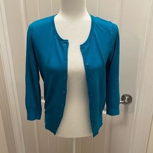 Turquoise Loft cardigan. 3/4 length sleeves. Size Extra Small. 100% cotton.